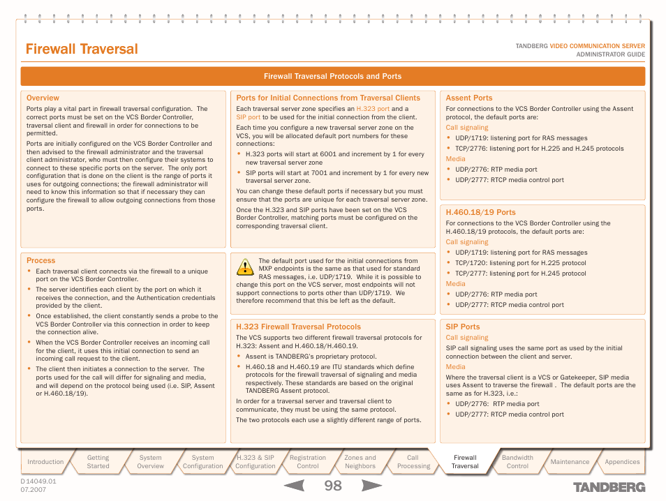 Firewall traversal protocols and ports, Overview, Process | H.323 firewall traversal protocols, Assent ports, H.460.18/19 ports, Sip ports, Firewall traversal, Protocols, Firewall traversal protocols | TANDBERG D14049.01 User Manual | Page 98 / 187