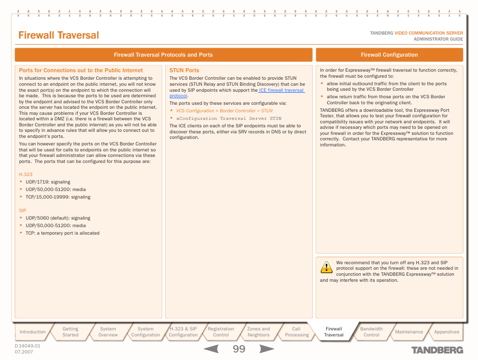 Ports for connections out to the public internet, Stun ports, Firewall configuration | Firewall traversal | TANDBERG D14049.01 User Manual | Page 99 / 187