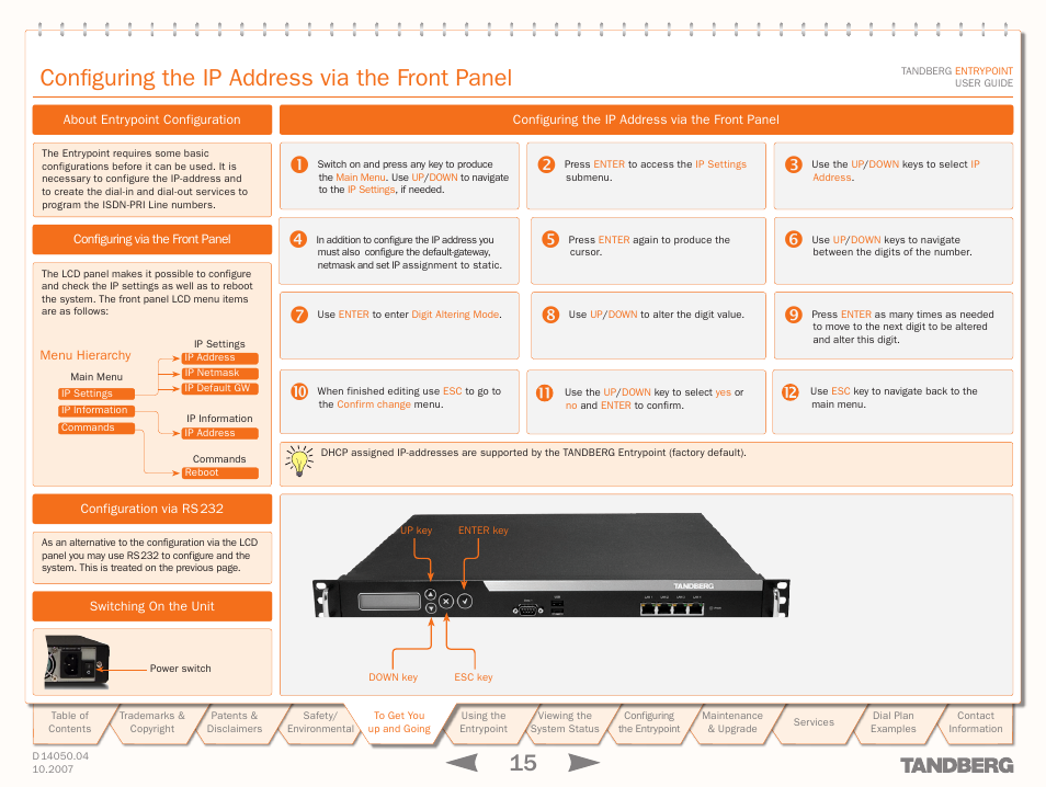 Configuring the ip address via the front panel | TANDBERG ENTRYPOINT User Manual | Page 15 / 53