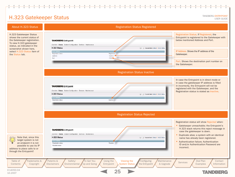 H.323 gatekeeper status | TANDBERG ENTRYPOINT User Manual | Page 25 / 53