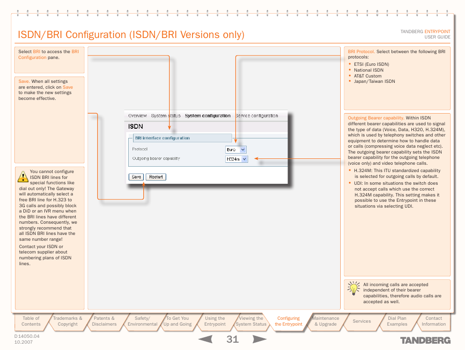 Isdn/bri configuration (isdn/bri versions only) | TANDBERG ENTRYPOINT User Manual | Page 31 / 53