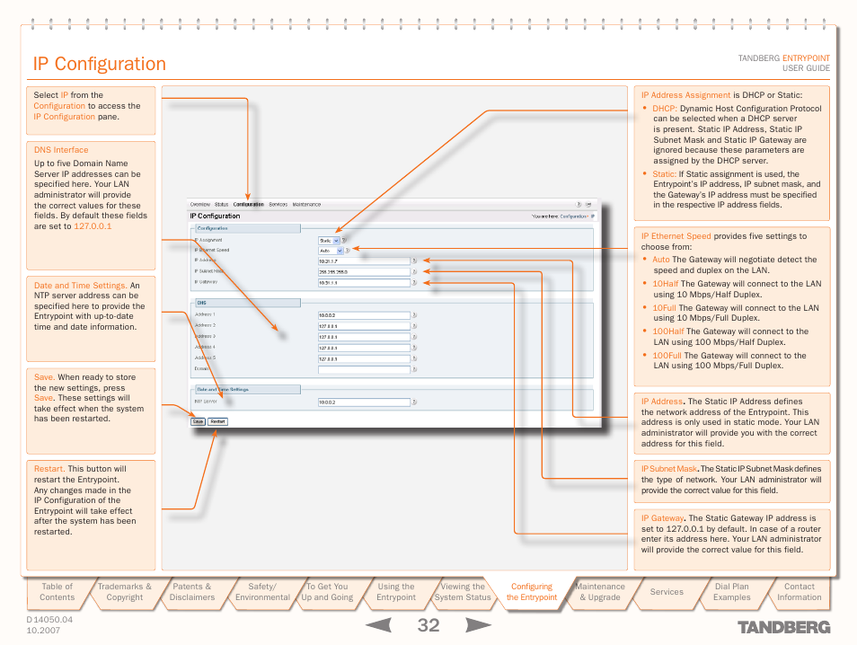 Ip configuration | TANDBERG ENTRYPOINT User Manual | Page 32 / 53