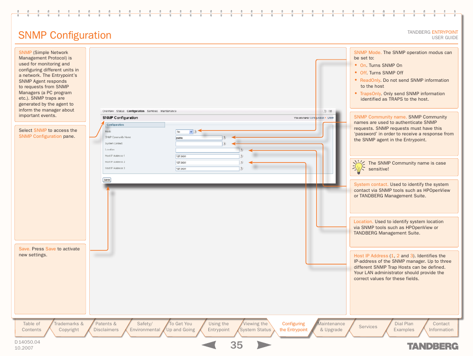 Snmp configuration | TANDBERG ENTRYPOINT User Manual | Page 35 / 53