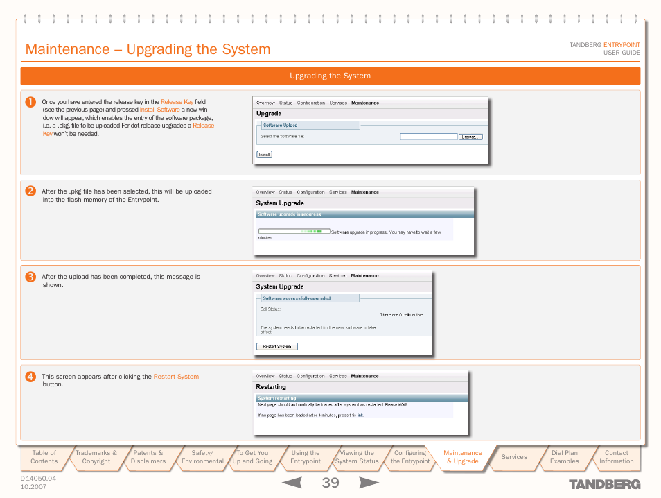 Maintenance – upgrading the system | TANDBERG ENTRYPOINT User Manual | Page 39 / 53