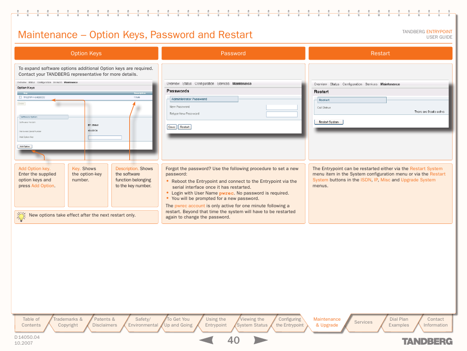 Maintenance – option keys, password and restart | TANDBERG ENTRYPOINT User Manual | Page 40 / 53
