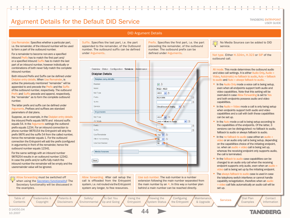 Argument details for the default did service | TANDBERG ENTRYPOINT User Manual | Page 44 / 53