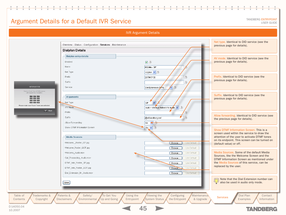 Argument details for a default ivr service | TANDBERG ENTRYPOINT User Manual | Page 45 / 53