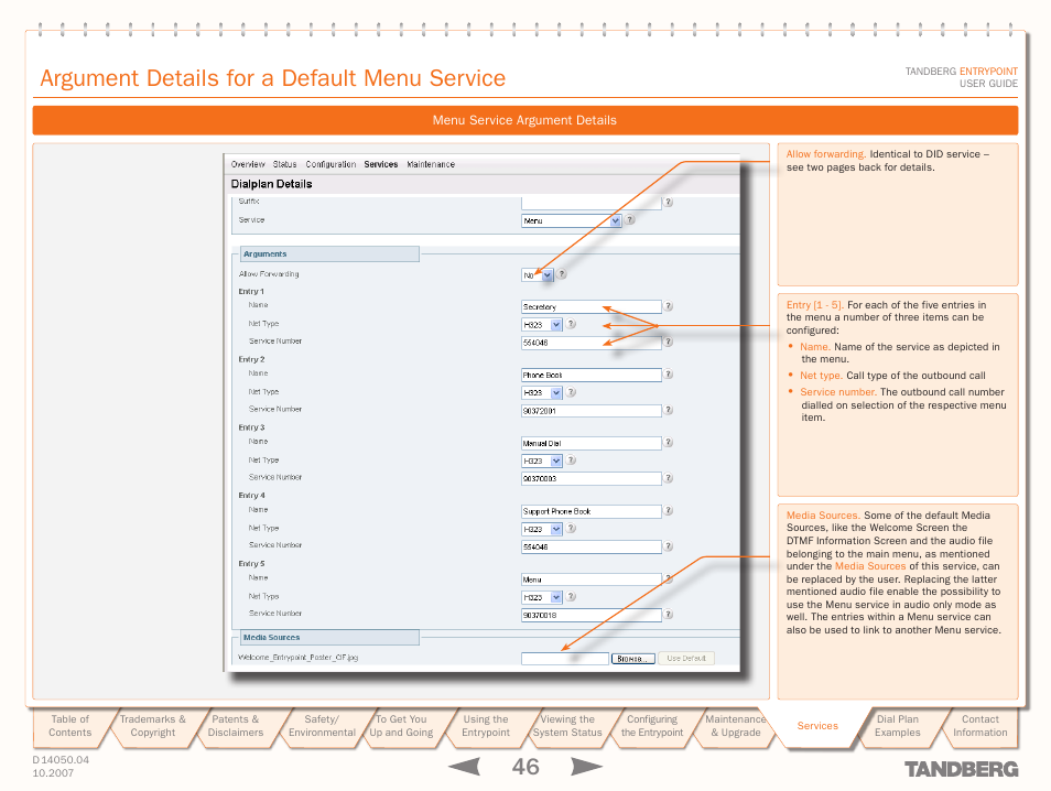 Argument details for a default menu service | TANDBERG ENTRYPOINT User Manual | Page 46 / 53
