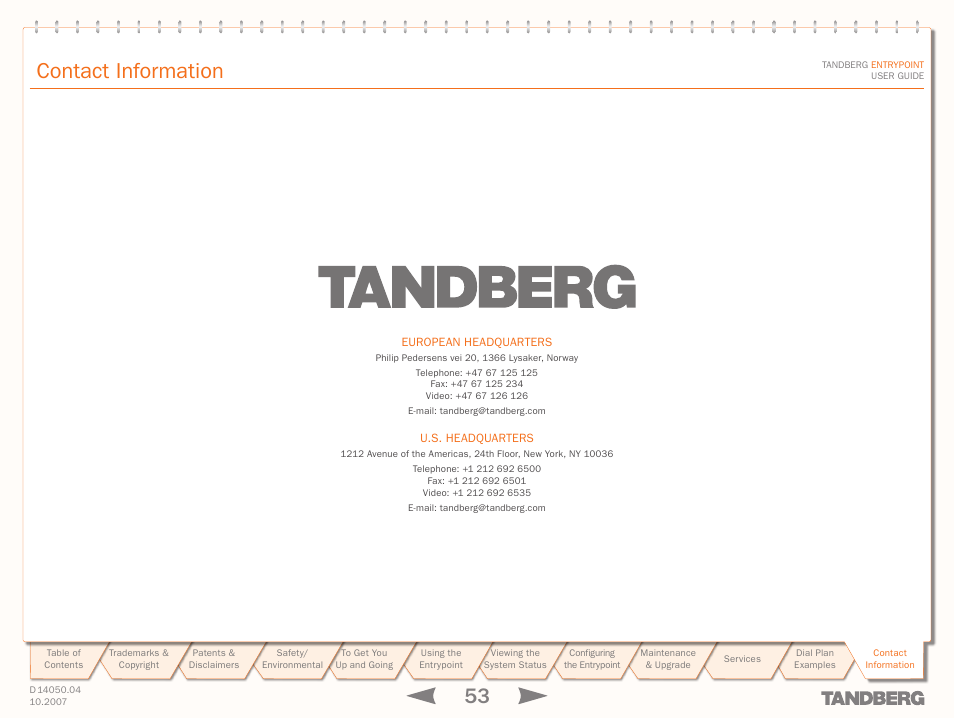 Contact information | TANDBERG ENTRYPOINT User Manual | Page 53 / 53