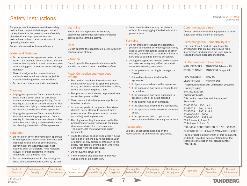 Safety instructions | TANDBERG ENTRYPOINT User Manual | Page 7 / 53