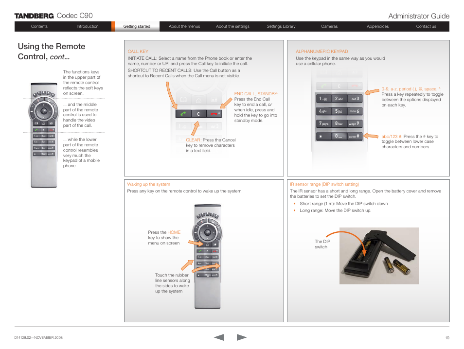 Using the remote control, Codec c90 administrator guide, Cont | TANDBERG Codec C90 D14129.02 User Manual | Page 10 / 65