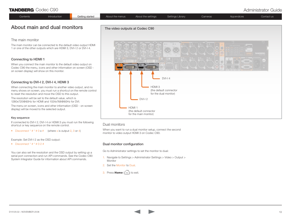 About main and dual monitors, Codec c90 administrator guide | TANDBERG Codec C90 D14129.02 User Manual | Page 13 / 65