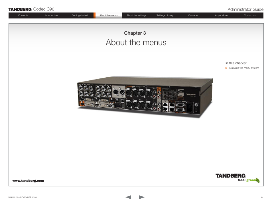 About the menus, Chapter 3, Codec c90 administrator guide | TANDBERG Codec C90 D14129.02 User Manual | Page 14 / 65