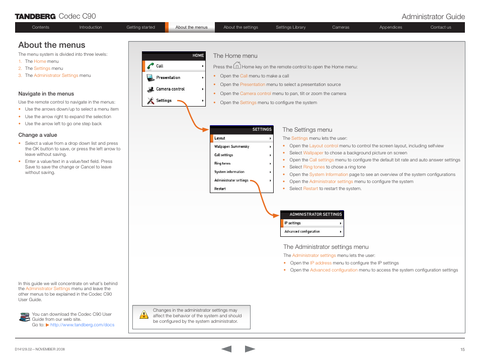 The home menu, The settings menu, The administrator settings menu | About the menus, Codec c90 administrator guide | TANDBERG Codec C90 D14129.02 User Manual | Page 15 / 65