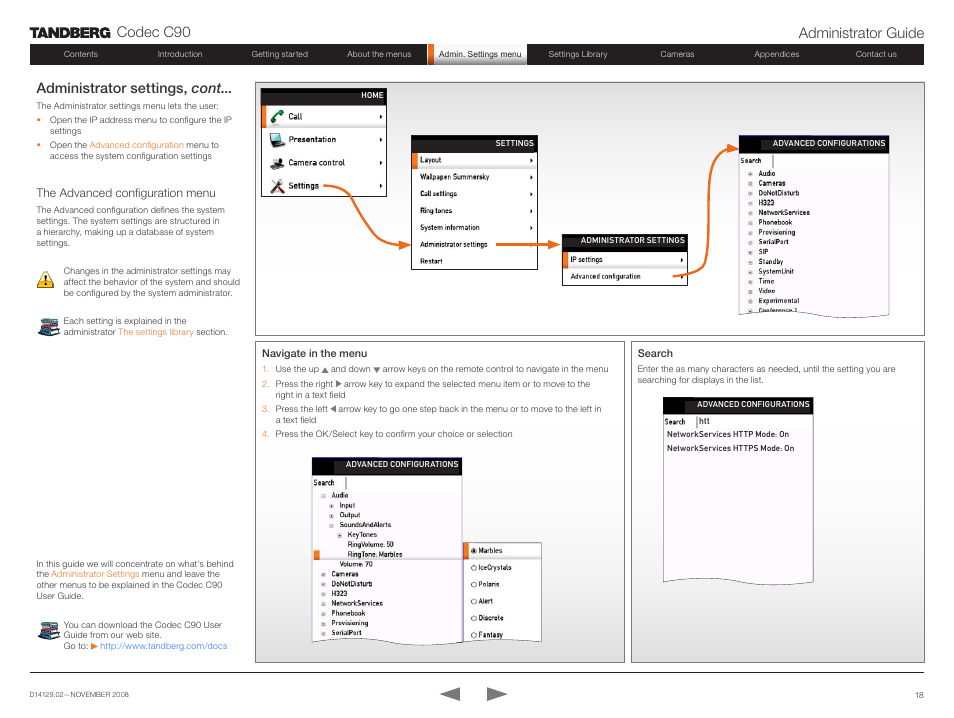 The advanced configuration menu, Codec c90 administrator guide, Administrator settings, cont | TANDBERG Codec C90 D14129.02 User Manual | Page 18 / 65