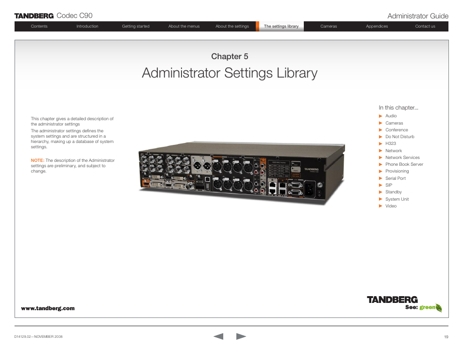 Administrator settings library, Chapter 5, Codec c90 administrator guide | TANDBERG Codec C90 D14129.02 User Manual | Page 19 / 65