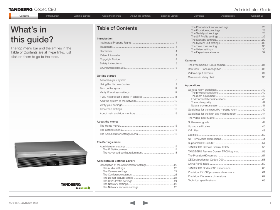 TANDBERG Codec C90 D14129.02 User Manual | Page 2 / 65