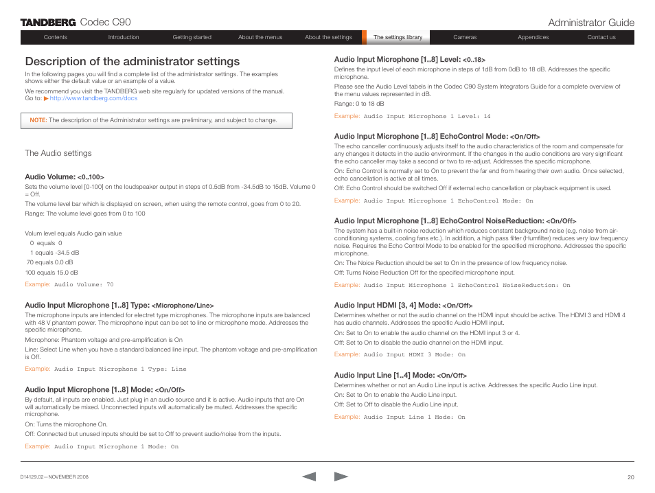 Description of the administrator settings, The audio settings, Codec c90 administrator guide | TANDBERG Codec C90 D14129.02 User Manual | Page 20 / 65