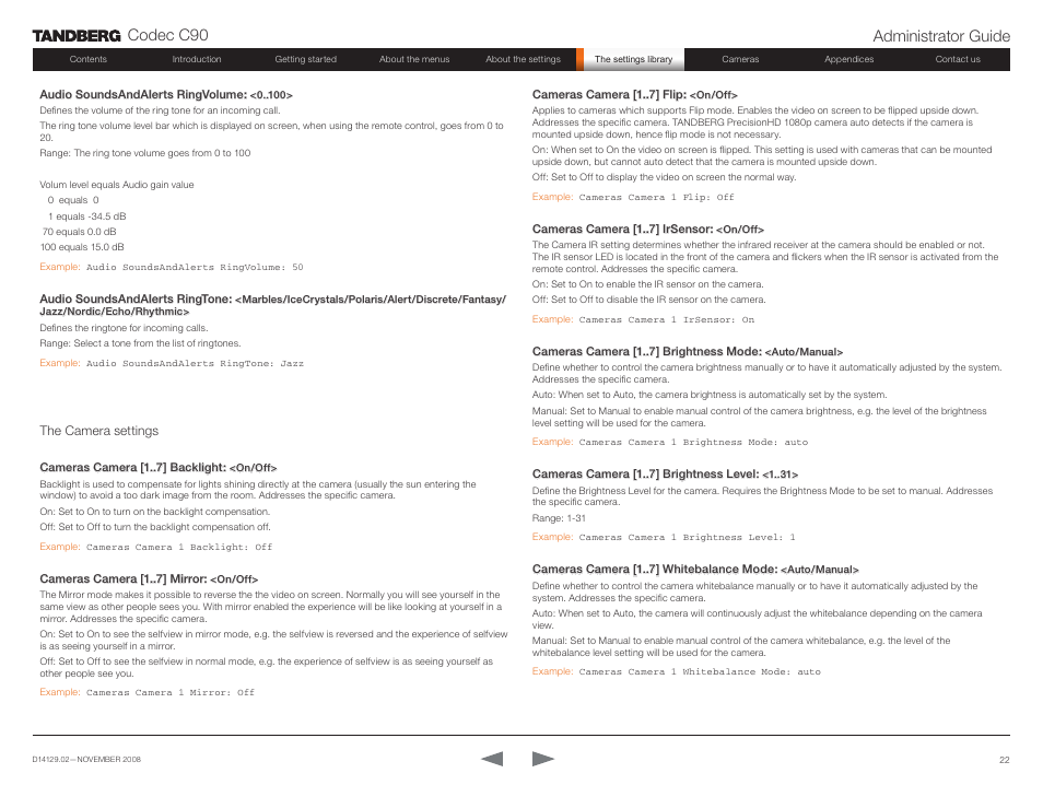 The camera settings, Codec c90 administrator guide | TANDBERG Codec C90 D14129.02 User Manual | Page 22 / 65