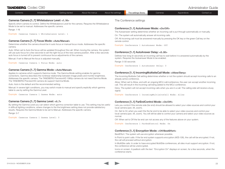 The conference settings, Codec c90 administrator guide | TANDBERG Codec C90 D14129.02 User Manual | Page 23 / 65