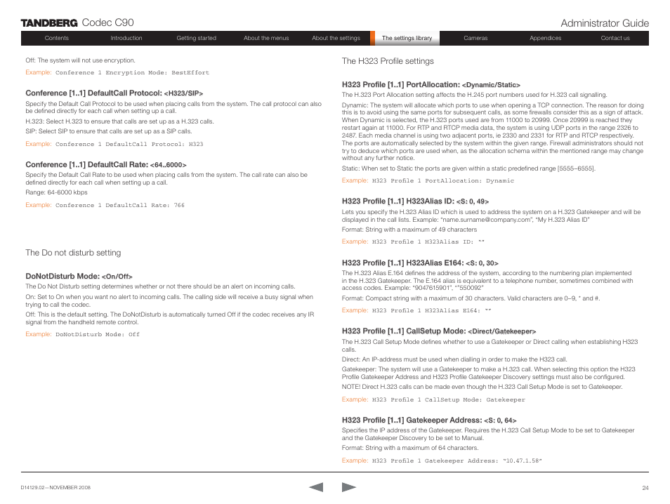 The do not disturb setting, The h323 profile settings, Codec c90 administrator guide | TANDBERG Codec C90 D14129.02 User Manual | Page 24 / 65