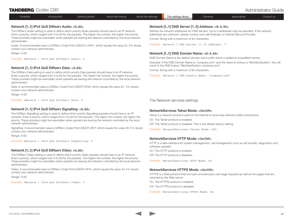 The camera settings, The network services settings, Codec c90 administrator guide | TANDBERG Codec C90 D14129.02 User Manual | Page 26 / 65