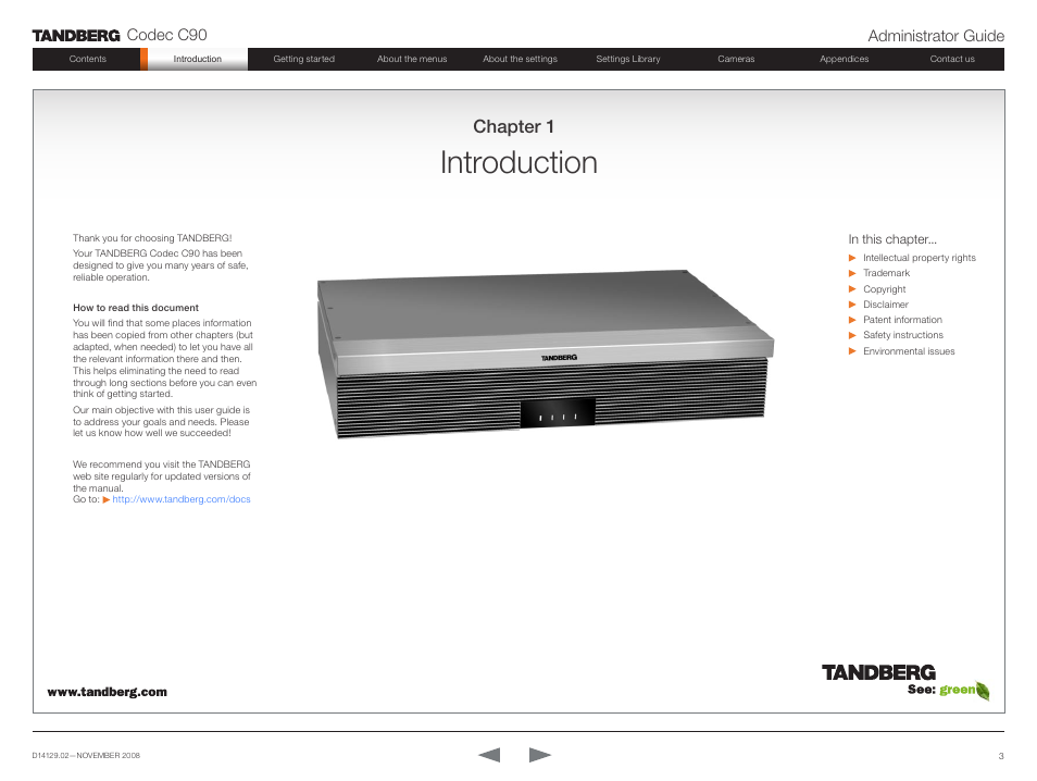 Introduction, Chapter 1, Codec c90 administrator guide | TANDBERG Codec C90 D14129.02 User Manual | Page 3 / 65