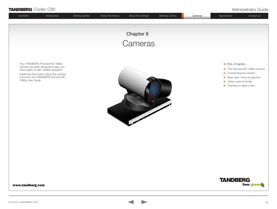 Cameras, Chapter 6, Codec c90 administrator guide | TANDBERG Codec C90 D14129.02 User Manual | Page 33 / 65