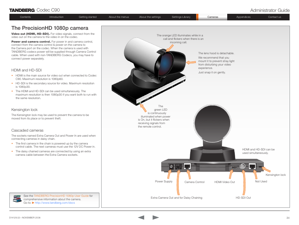 The precisionhd 1080p camera, Codec c90 administrator guide | TANDBERG Codec C90 D14129.02 User Manual | Page 34 / 65