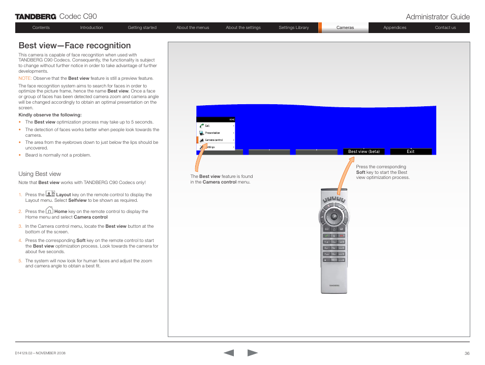 Best view—face recognition, Codec c90 administrator guide | TANDBERG Codec C90 D14129.02 User Manual | Page 36 / 65