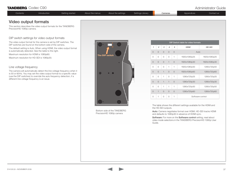 Video output formats, Codec c90 administrator guide, Dip switch settings for video output formats | Line voltage frequency | TANDBERG Codec C90 D14129.02 User Manual | Page 37 / 65