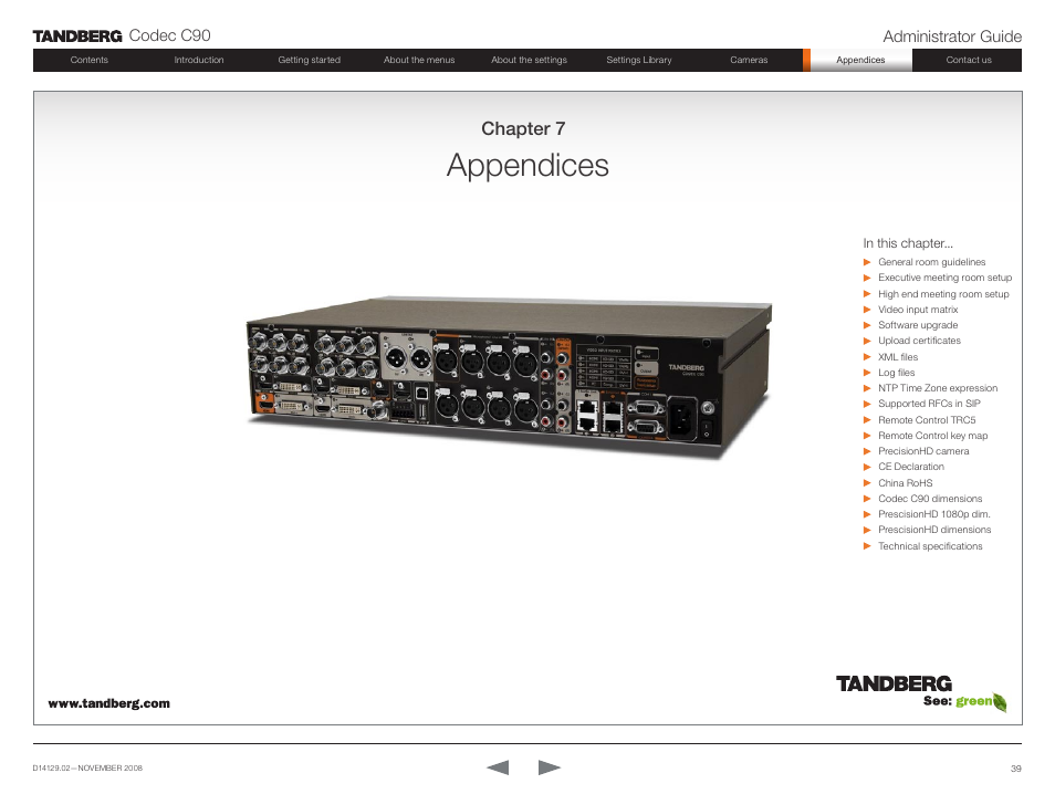 Appendices, Chapter 7, Codec c90 administrator guide | TANDBERG Codec C90 D14129.02 User Manual | Page 39 / 65