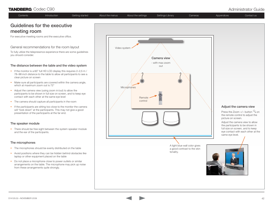 Guidelines for the executive meeting room | TANDBERG Codec C90 D14129.02 User Manual | Page 42 / 65