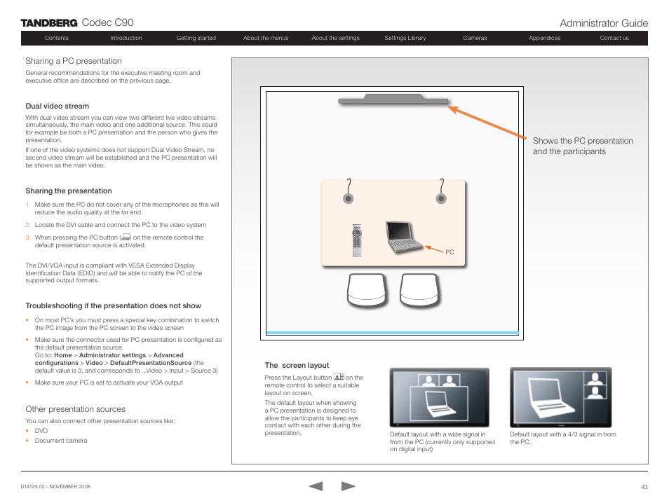 TANDBERG Codec C90 D14129.02 User Manual | Page 43 / 65