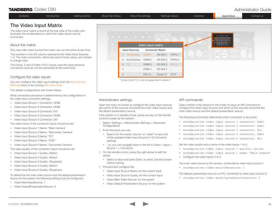 The video input matrix, Telecom as, Codec c90 administrator guide | About the matrix, Configure the video inputs, Administrator settings, Api commands | TANDBERG Codec C90 D14129.02 User Manual | Page 46 / 65