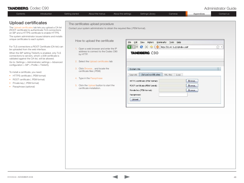 Upload certificates, Codec c90 administrator guide | TANDBERG Codec C90 D14129.02 User Manual | Page 48 / 65