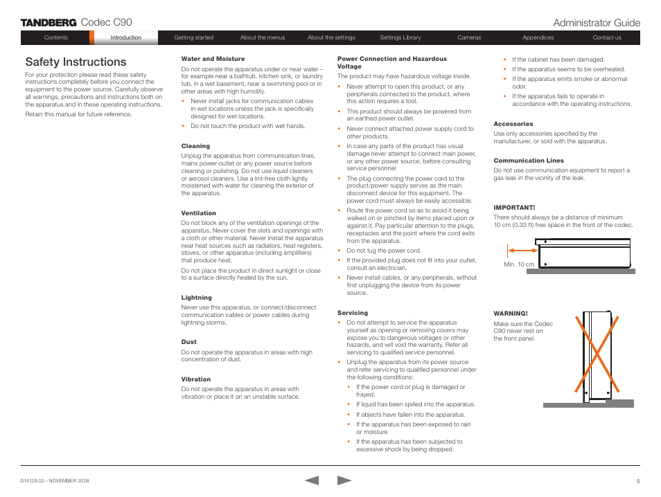 Safety instructions, Codec c90 administrator guide | TANDBERG Codec C90 D14129.02 User Manual | Page 5 / 65