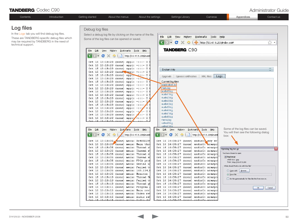 Log files, Codec c90 administrator guide | TANDBERG Codec C90 D14129.02 User Manual | Page 50 / 65