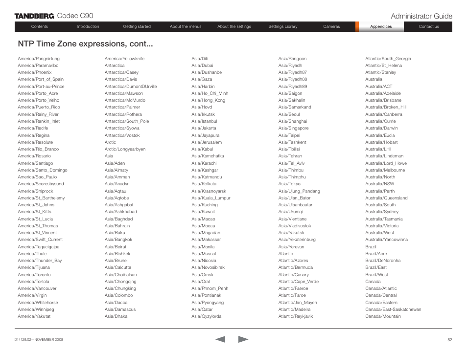 Ntp time zone expressions, cont, Codec c90 administrator guide | TANDBERG Codec C90 D14129.02 User Manual | Page 52 / 65