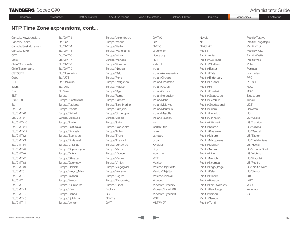 Ntp time zone expressions, cont, Codec c90 administrator guide | TANDBERG Codec C90 D14129.02 User Manual | Page 53 / 65