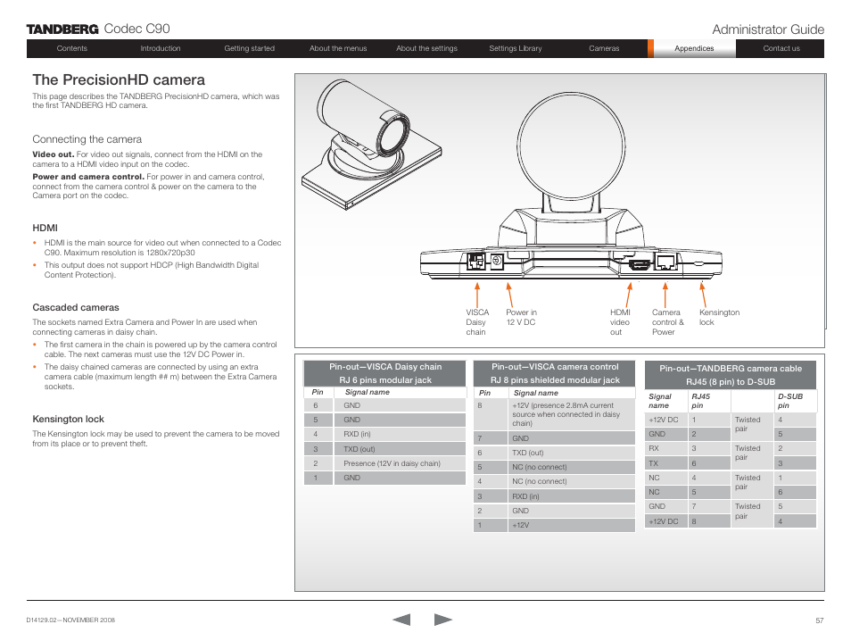 The precisionhd camera, Codec c90 administrator guide, Connecting the camera | TANDBERG Codec C90 D14129.02 User Manual | Page 57 / 65