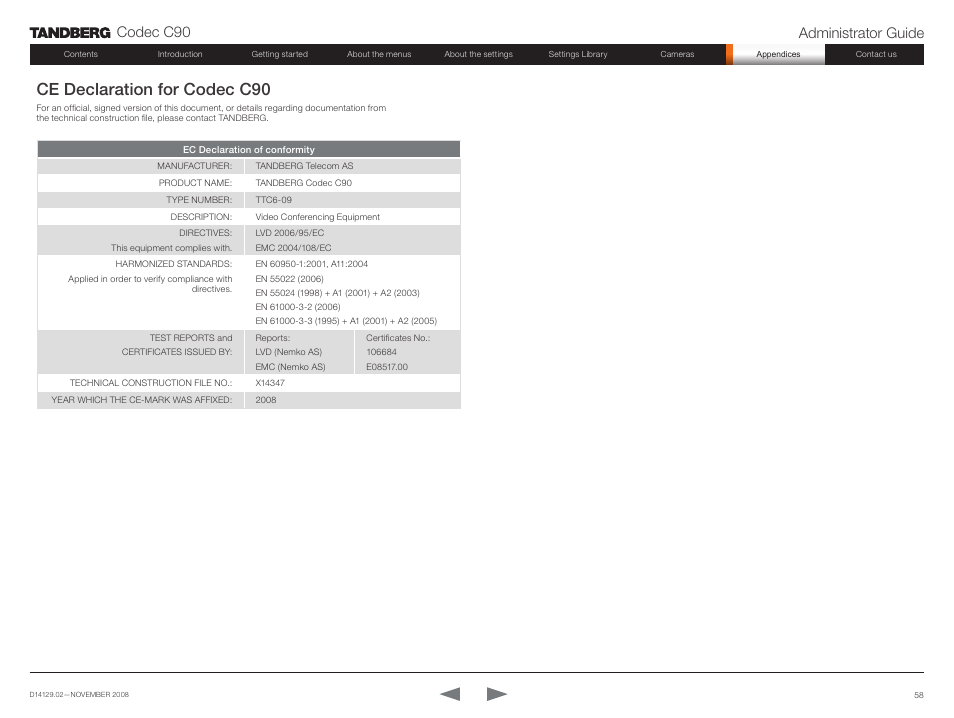 Ce declaration for codec c90, Codec c90 administrator guide | TANDBERG Codec C90 D14129.02 User Manual | Page 58 / 65