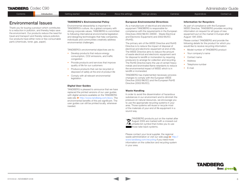 Environmental issues, Codec c90 administrator guide | TANDBERG Codec C90 D14129.02 User Manual | Page 6 / 65