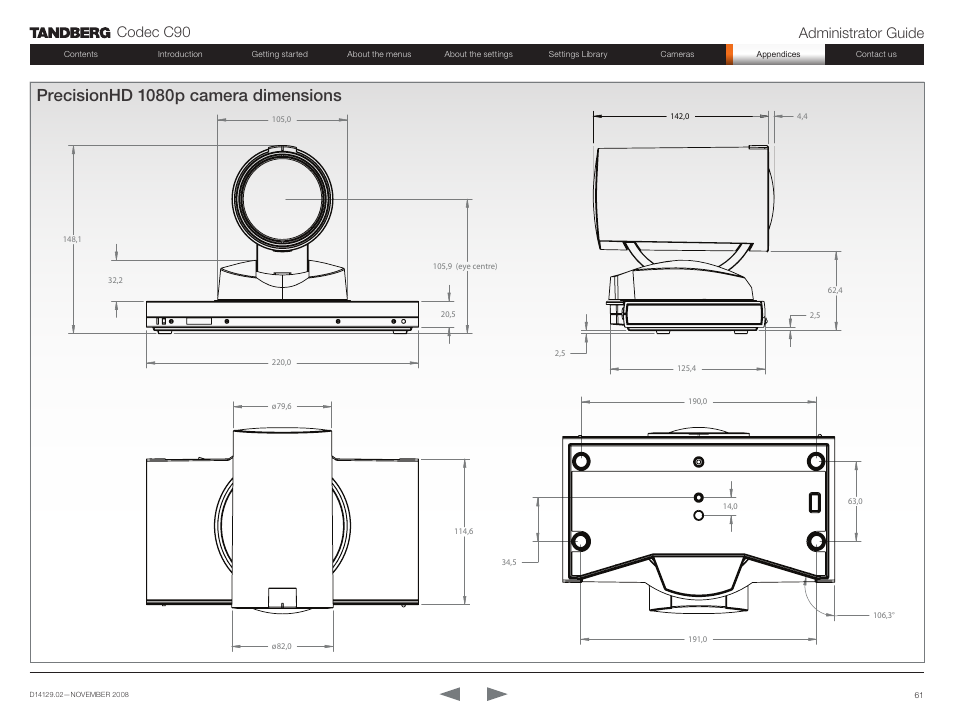 Precisionhd 1080p camera dimensions, Codec c90 administrator guide | TANDBERG Codec C90 D14129.02 User Manual | Page 61 / 65