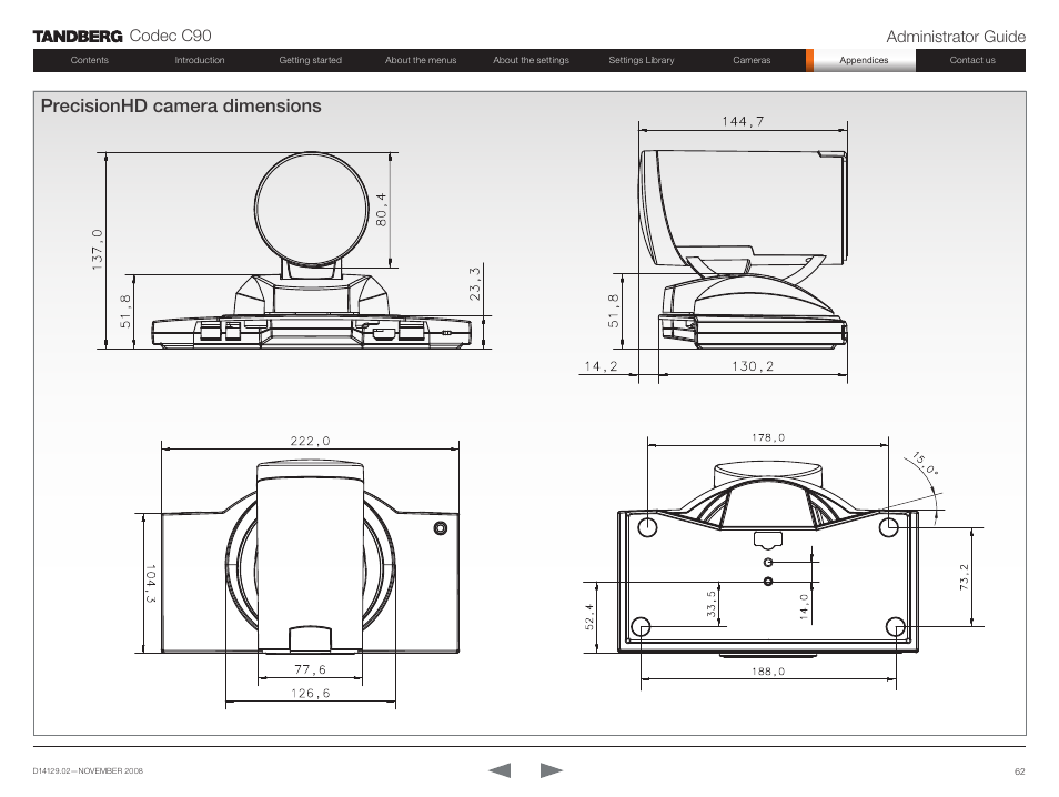 Precisionhd camera dimensions, Codec c90 administrator guide | TANDBERG Codec C90 D14129.02 User Manual | Page 62 / 65