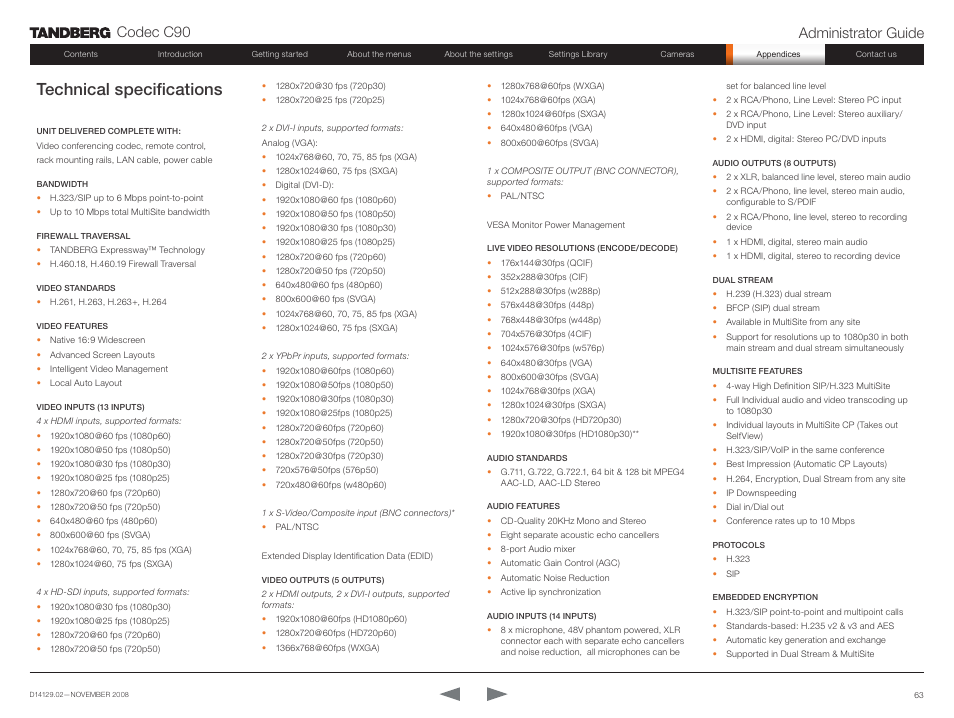 Technical specifications, Codec c90 administrator guide | TANDBERG Codec C90 D14129.02 User Manual | Page 63 / 65