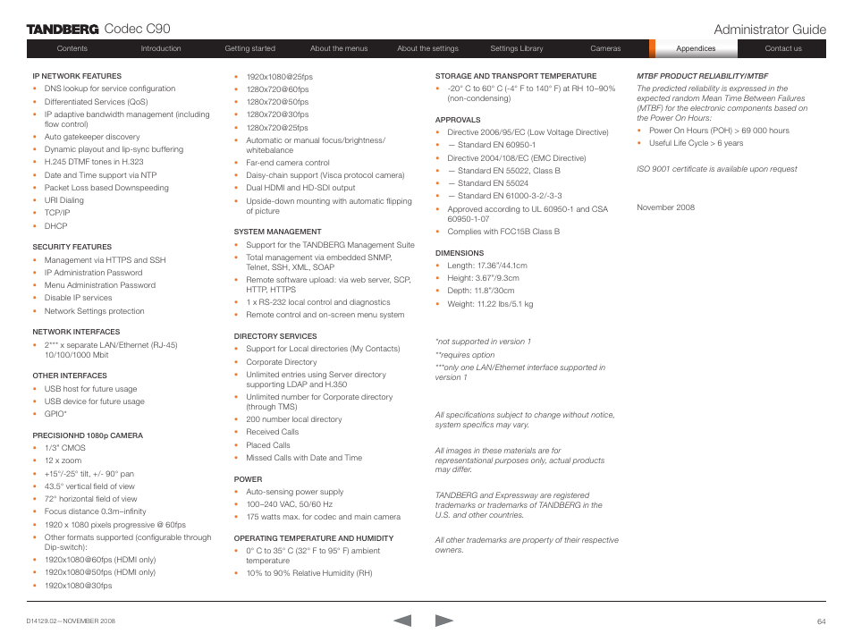 Codec c90 administrator guide | TANDBERG Codec C90 D14129.02 User Manual | Page 64 / 65