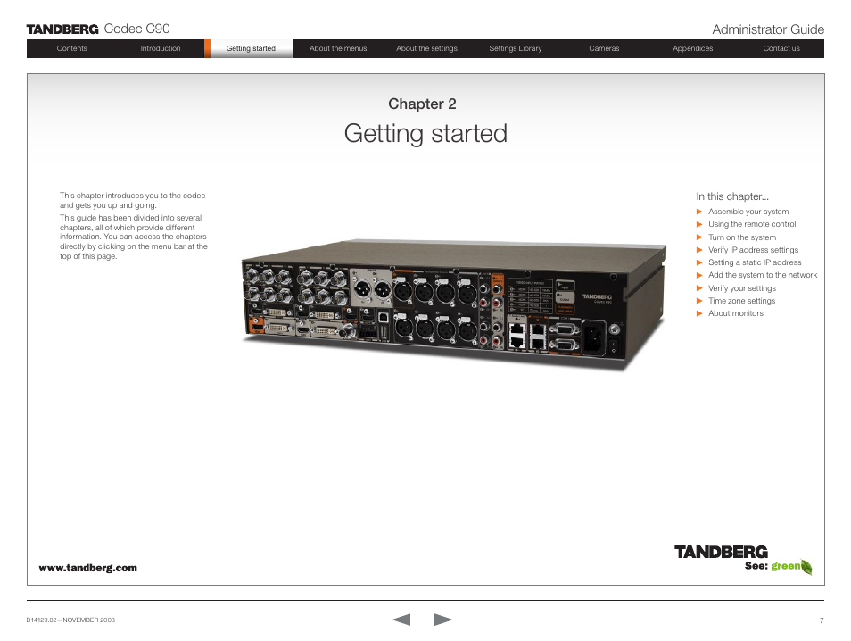 Getting started, Chapter 2, Codec c90 administrator guide | TANDBERG Codec C90 D14129.02 User Manual | Page 7 / 65