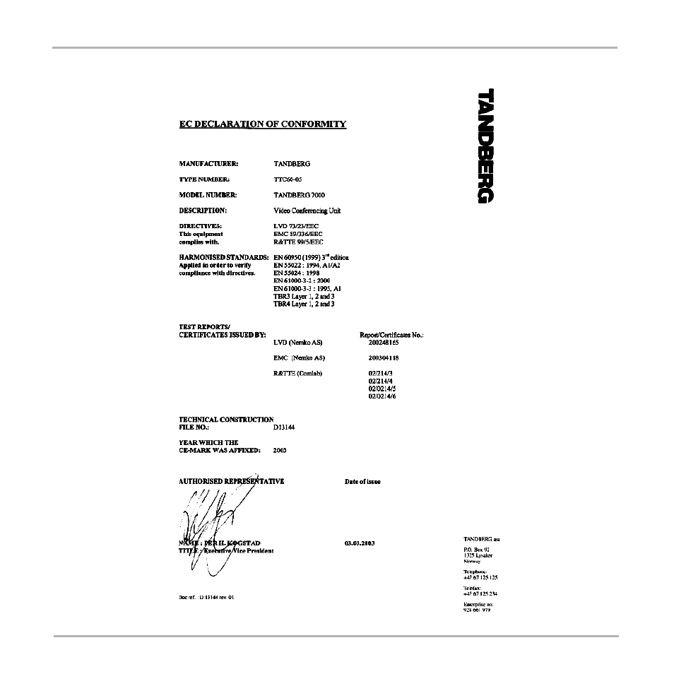 Appendix 7: declaration of conformity | TANDBERG Video Conferencing System 7000 User Manual | Page 122 / 125