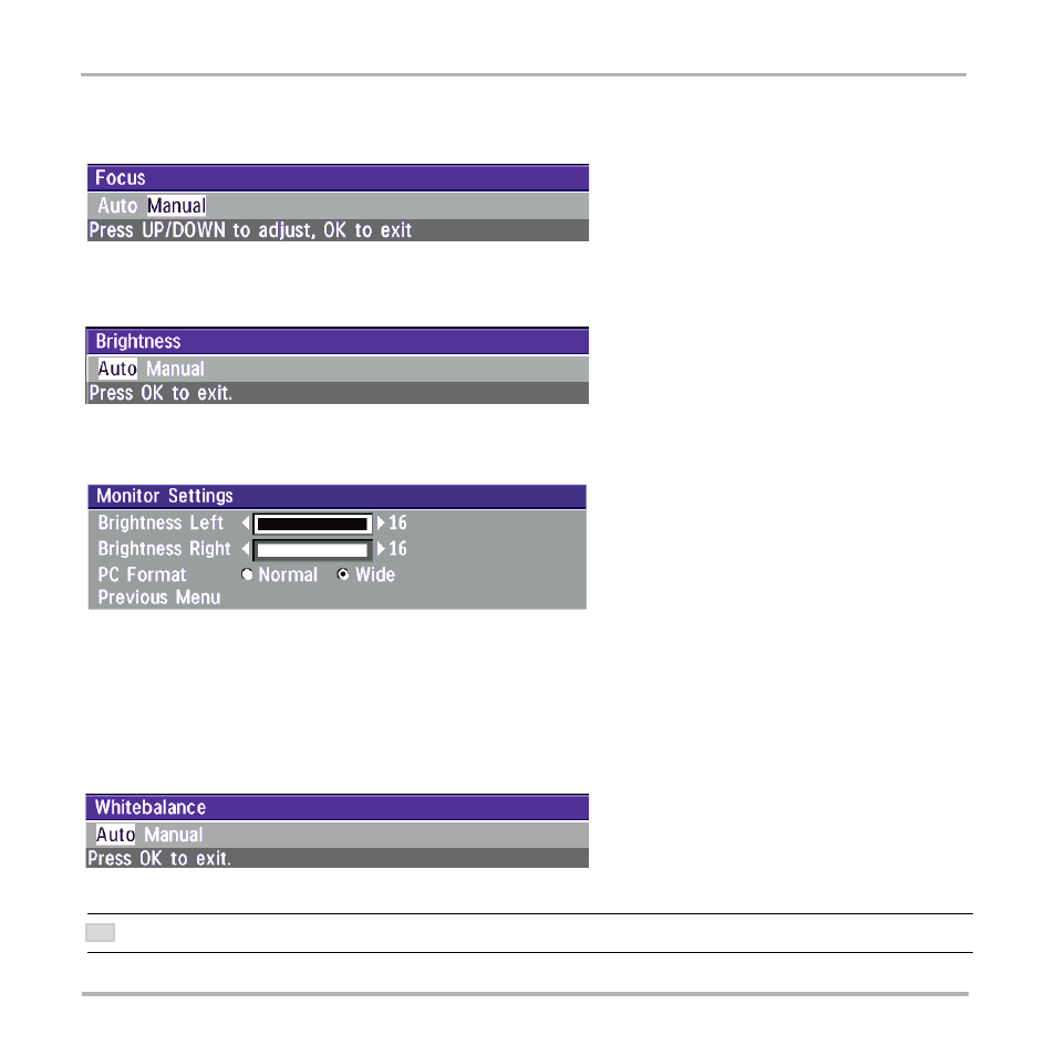 Focus, Camera brightness, Monitor settings | Whitebalance | TANDBERG Video Conferencing System 7000 User Manual | Page 69 / 125